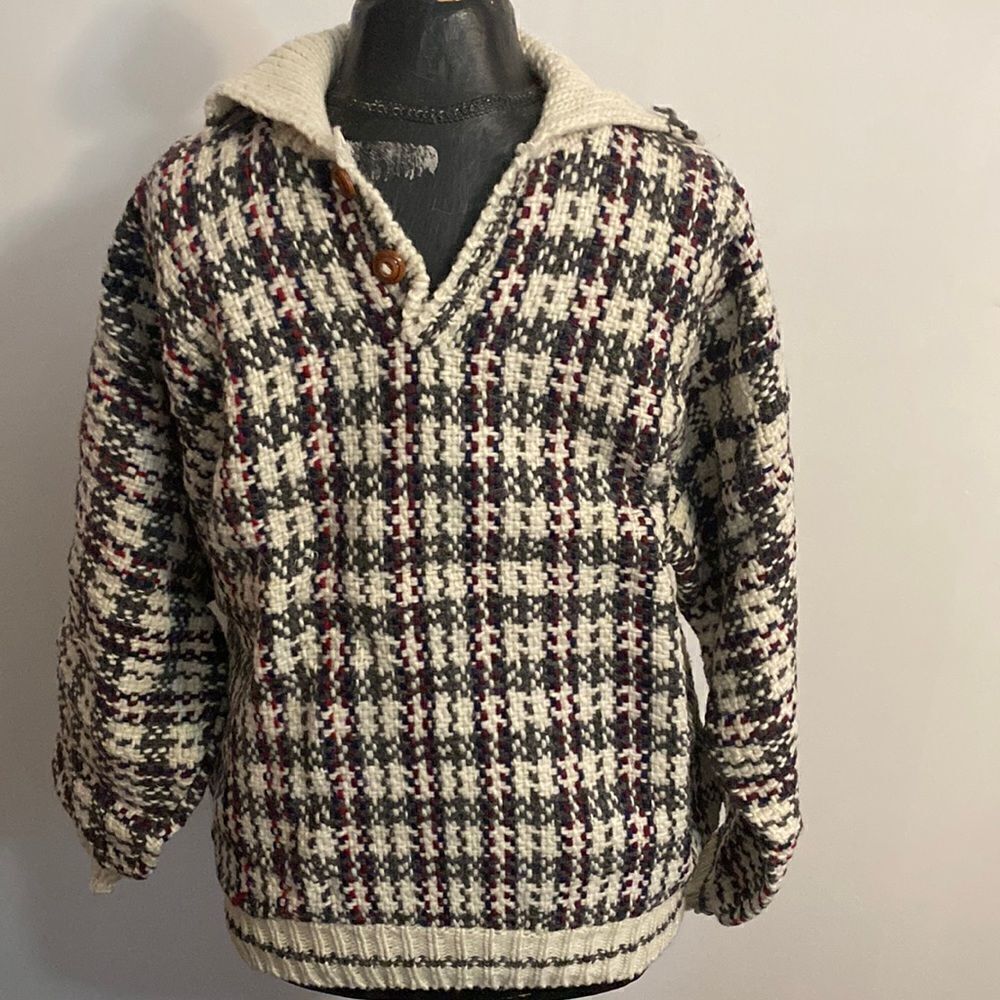 Men' 90's Green, Cream and burgundy woven sweater, size XLarge